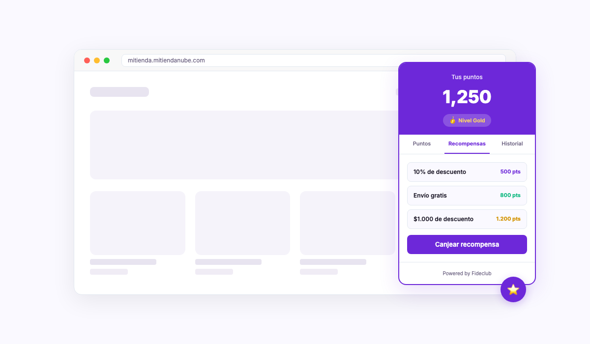 Widget de Fideclub en una tienda Nube mostrando puntos, nivel VIP y recompensas disponibles